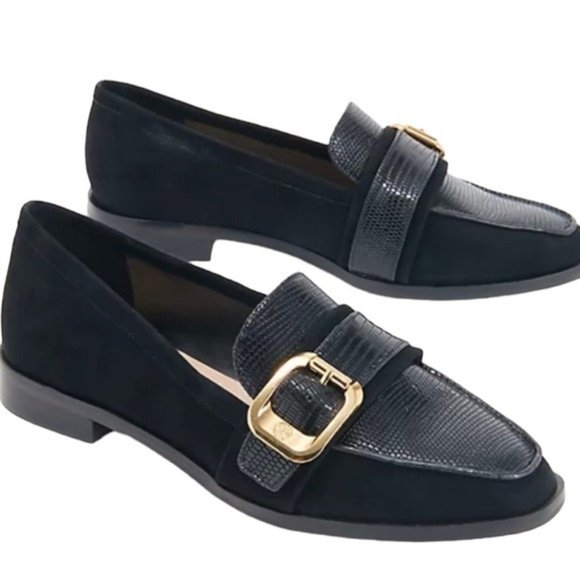 Vince Camuto Shoes - Vince Camuto Leather Cenkanda Gold Buckle Embossed Loafer Shoe Black 7.5 NWT